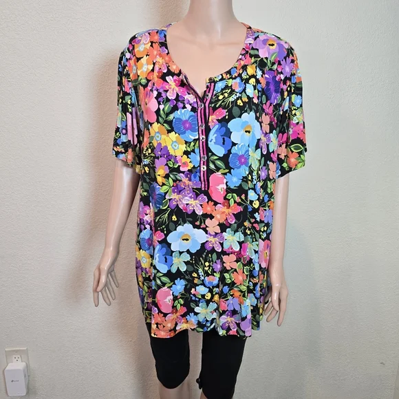 Johnny Was Wild Bloom FLUTTER SLEEVE HENLEY Woman’s Size 2x - Picture 15 of 16